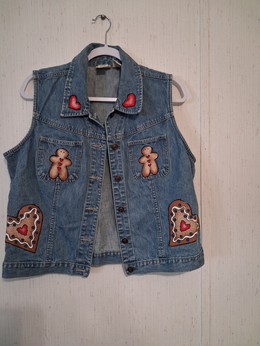Vintage Denium Christmas Vest With Homemade Applique Size Large Gingerbread